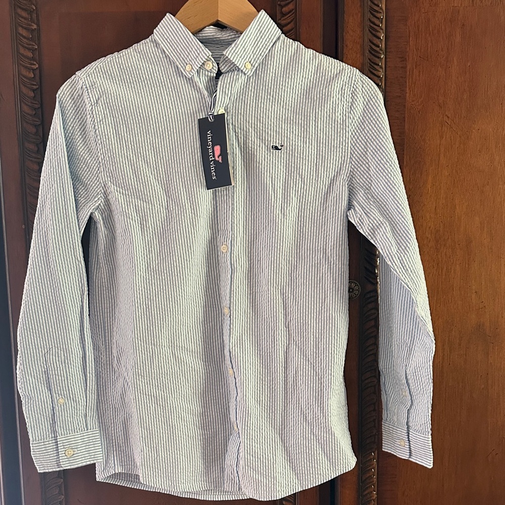 Vineyard vines new blue Boys Striped dress striped stretch Shirt , Medium